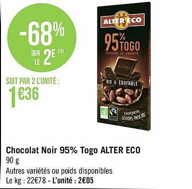 chocolat noir 95% togo alter eco