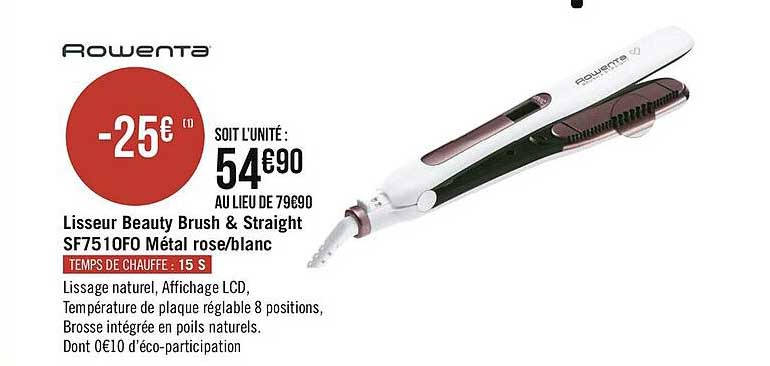 lisseur beauty brush & straight sf7510fo métal rose-blanc rowenta
