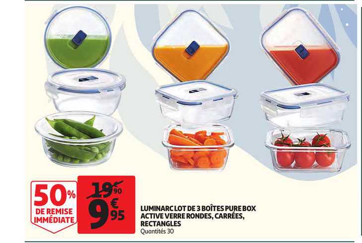 luminarc lot de 3 boîtes pure box active verre rondes, carrées, rectangles