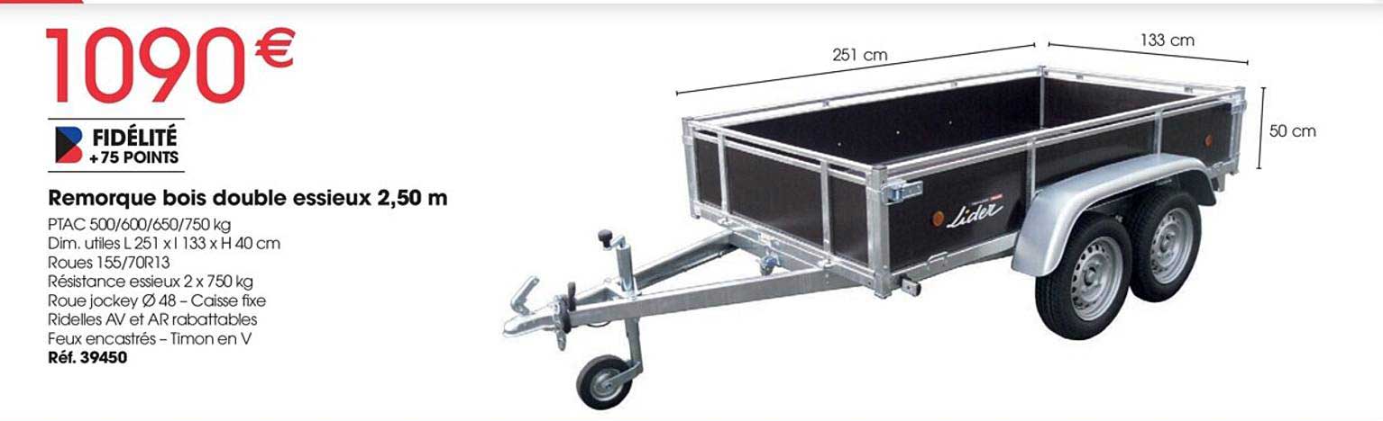 remorque bois double essieux 2,50 m