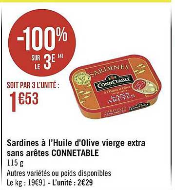 sardines à l'huile d'olive vierge extra sans arêtes connetable