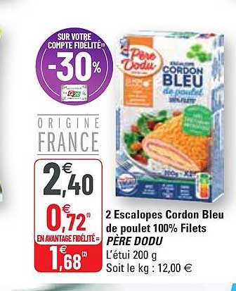 2 escalopes cordon bleu de poulet 100% filets père dodu