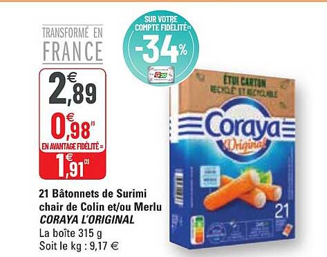 21 bâtonnets de surimi chair de colin et-ou merlu coraya l'original