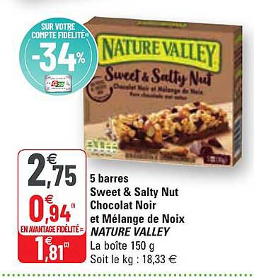 5 barres sweet & salty nut chocolat noir et mélange de noix nature valley