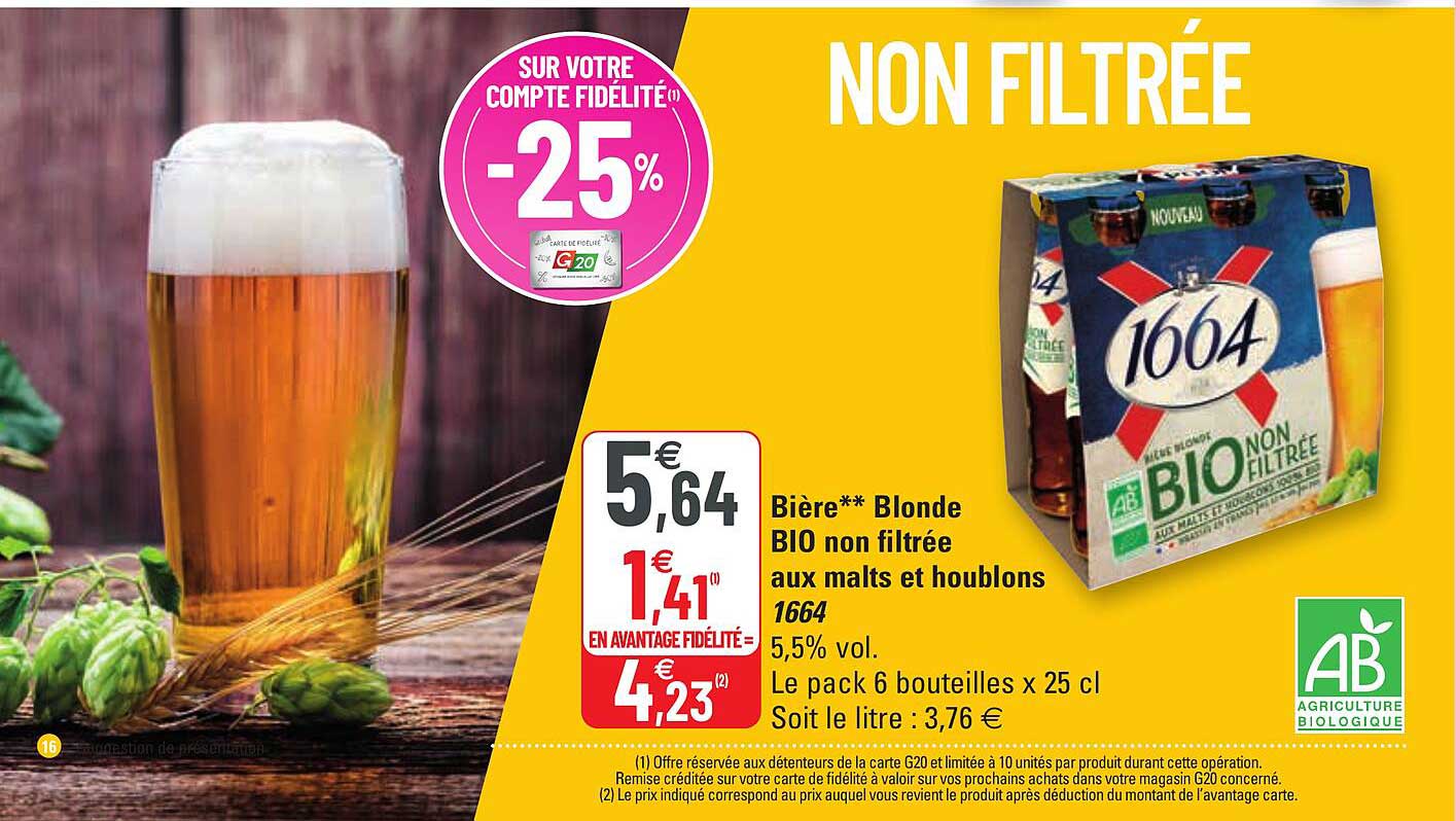 bière blonde bio non filtrée aux malts et houblons 1664