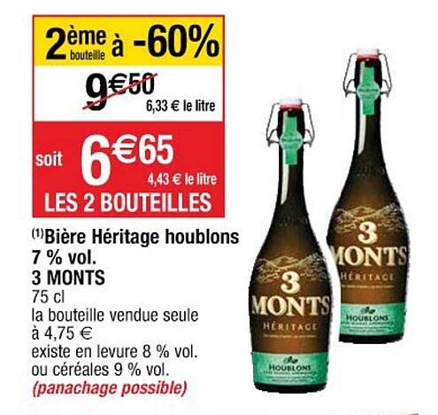 bière héritage houblons 7% vol. 3 monts 2ème bouteille à -60%