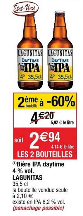 bière ipa daytime 4% vol. lagunitas 2ème bouteille à -60%