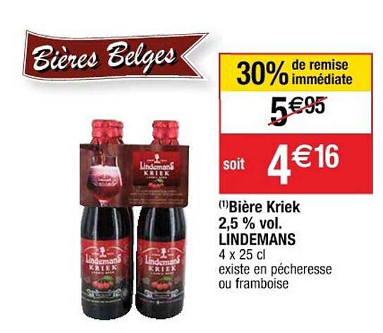 bière kriek 2.5% vol. lindemans 30% de remise immédiate