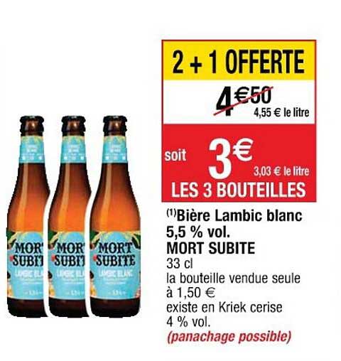bière lambic blanc 5.5% vol. mort subite 2+1 offerte