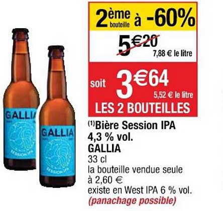 bière session ipa 4.3% vol. gallia 2ème bouteille à -60%