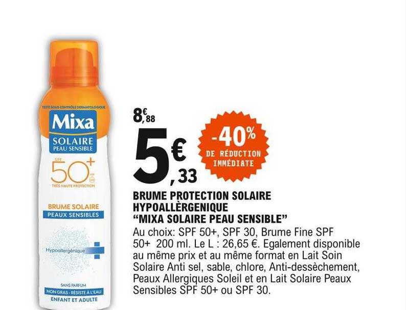 brume protection solaire hypoallergénique "mixa solaire peau sensible"