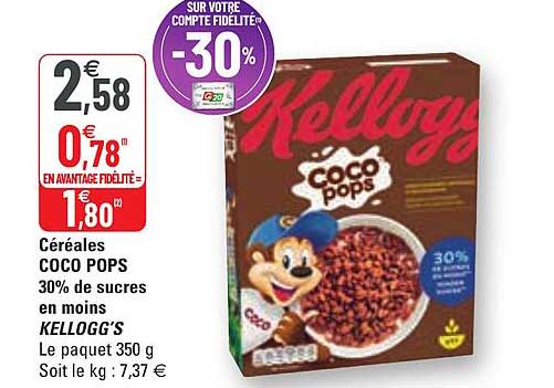 céréales coco pops 30% de sucres en moins kellogg's
