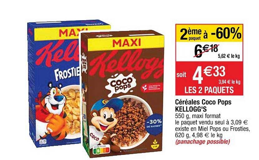 céréales coco pops kellogg's 2ème paquet à -60%