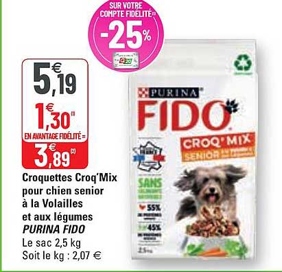 croquettes croq'mix pour chien senior à la volailles et aux légumes purina fido