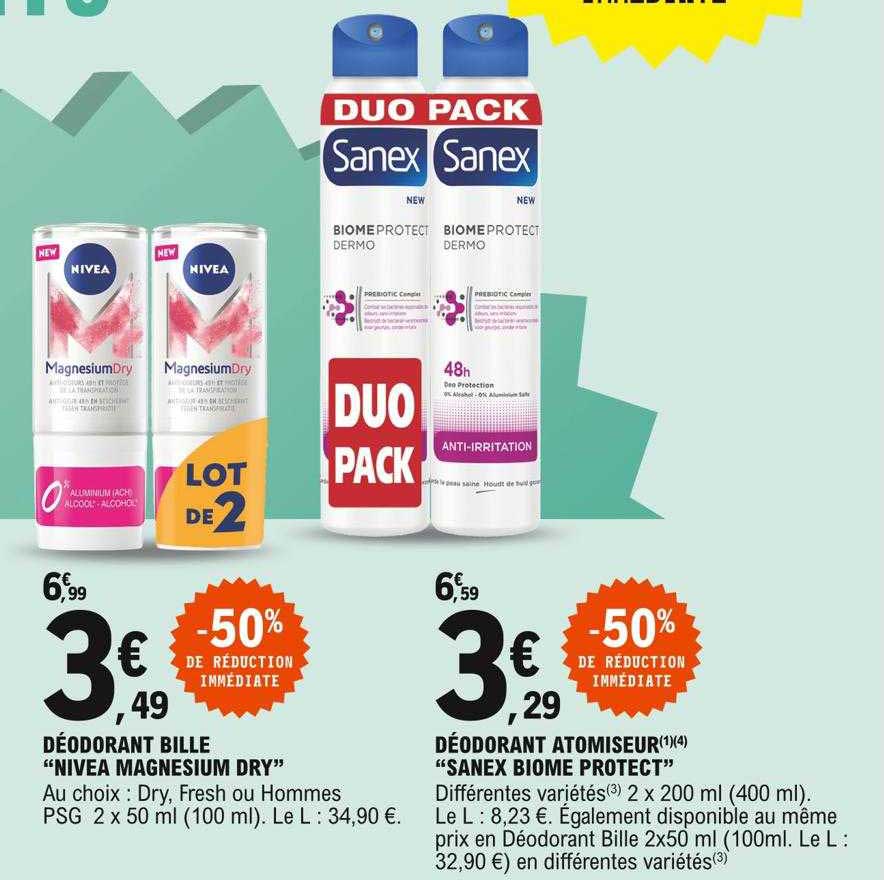 déodorant bille "nivea magnesium dry", déodorant atomiseur "sanex biome protect"