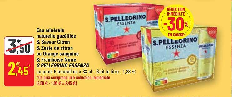 eau minérale naturelle gazéifiée & saveur citron & zeste de citron ou orange sanguine & framboise noire s.pellegrino essenza