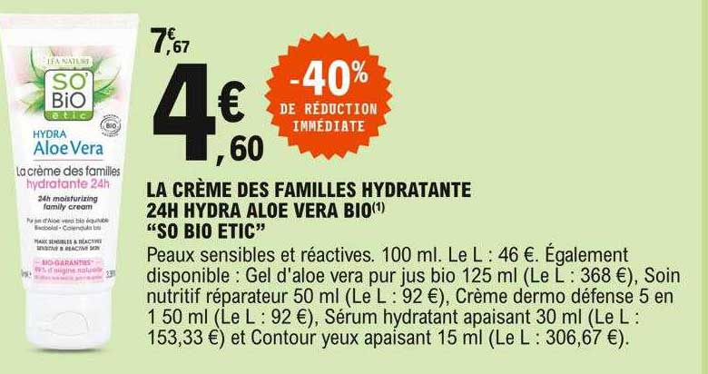 la crème des familles hydratante 24h hydra aloé vera bio "so bio éticé