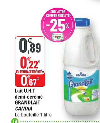 lait u.h.t. demi-écrémé grandlait candia