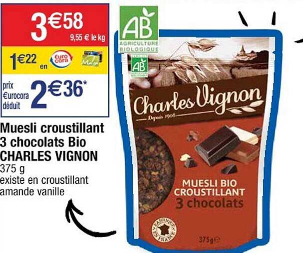 muesli croustillant 3 chocolats bio charles vignon