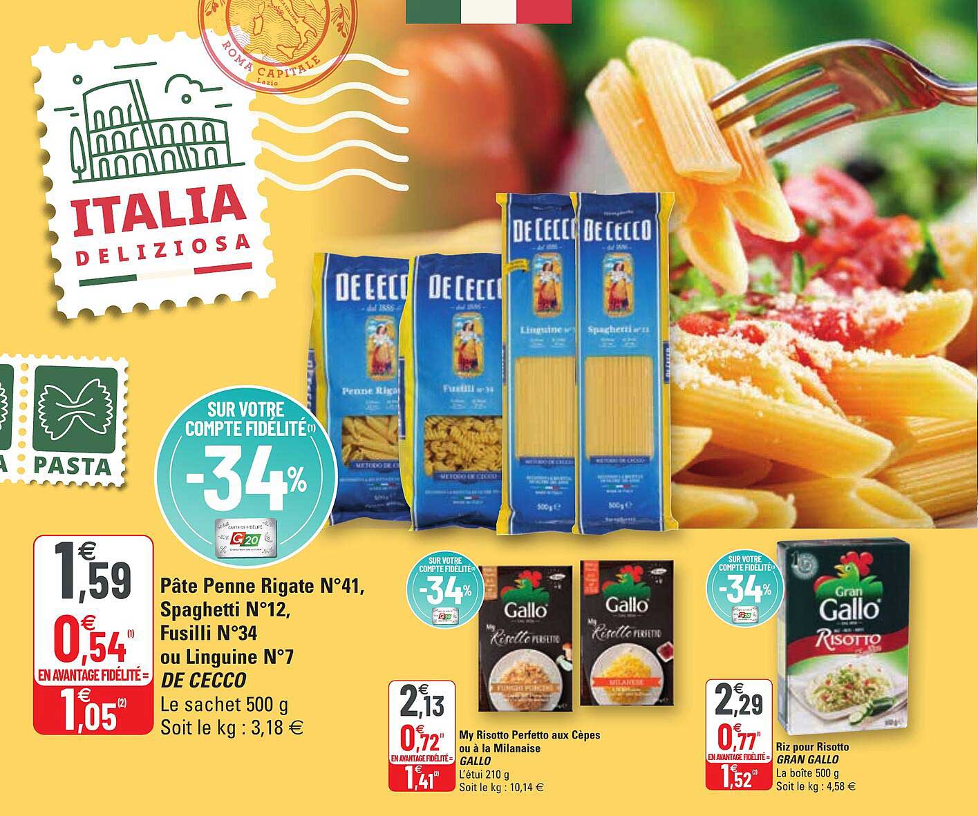 pâte penne rigate n°41, spaghetti n°12, fusilli n°34 ou linguine n°7 de cecco, my risotto perfetto aux cèpes ou à la milanaise, riz pour risotto gran gallo