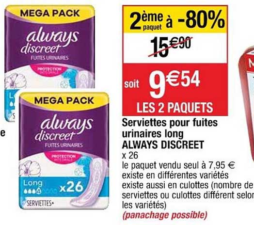 serviettes pour fuites urinaires long always discreet  2ème paquet à -80%
