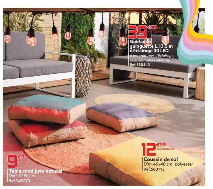 tapis rond jute naturel, coussin de sol, guirlande guinguette l. 13,5 m d'éclairage 30 led