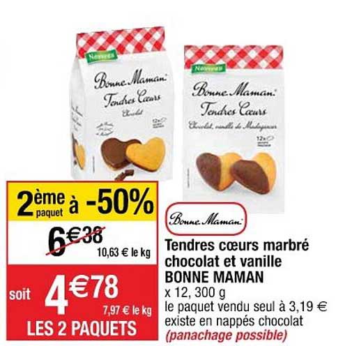 tendres cœurs marbré chocolat et vanille bonne maman 2ème paquet à -50%