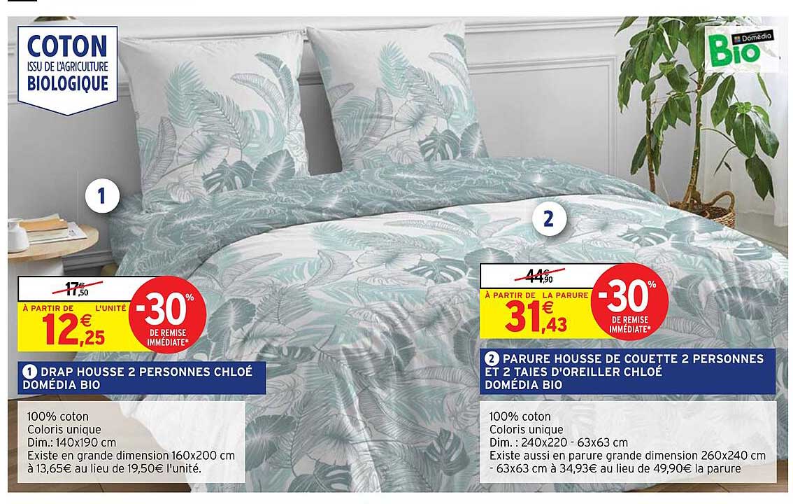 drap housse 2 personnes chloé domédia bio, parure housse de couette 2 personnes et 2 taies d'oreiller chloé domédia bio