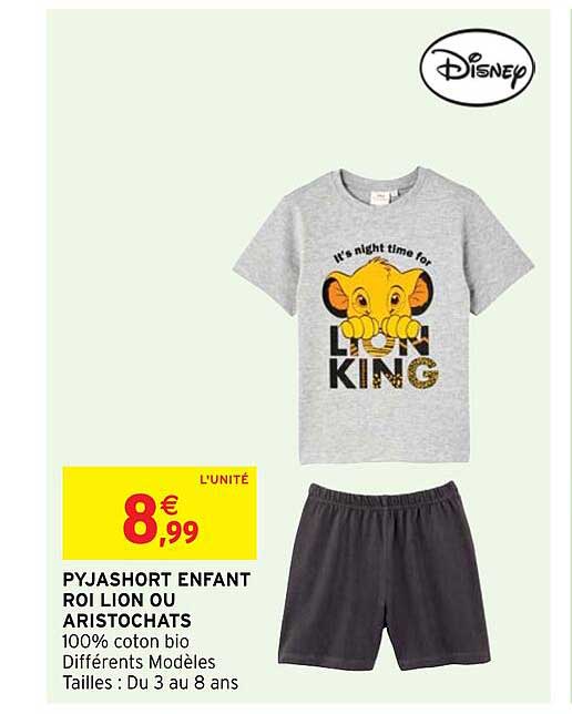 pyjashort enfant roi lion ou aristochats disney