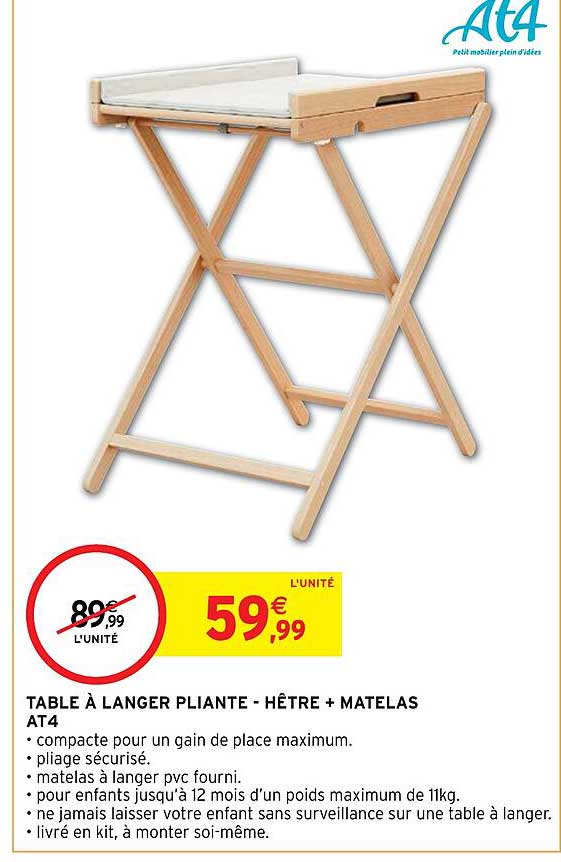 table à langer pliante - hêtre + matelas at4