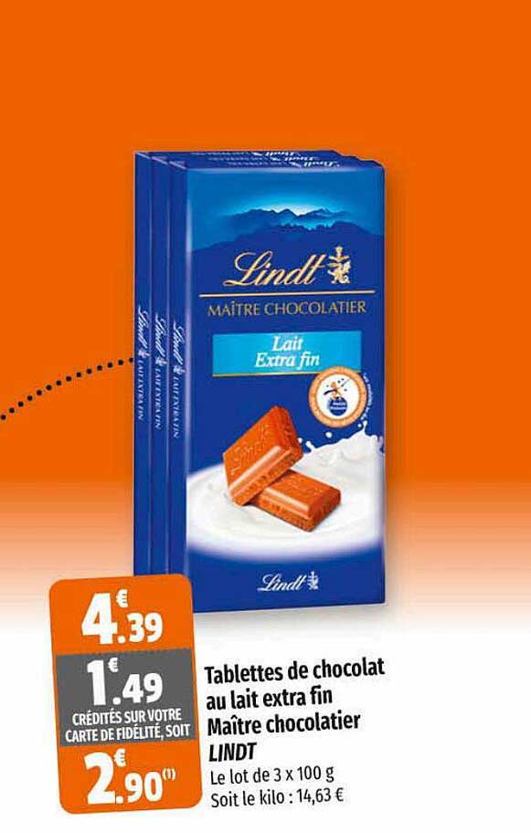 tablettes de chocolat au lait extra fin maître chocolatier lindt