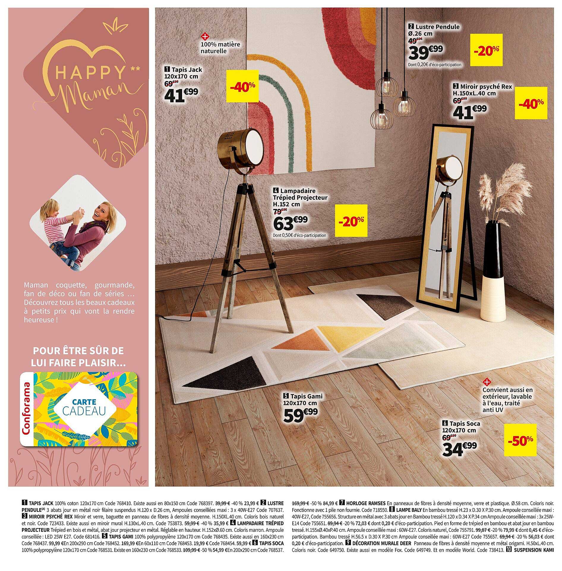 tapis jack 120 x 170 cm, lustre pendule ø 26 cm, miroir psyché rex h.150 x l. 40 cm, lampadaire trépied projecteur h. 152 cm, tapis gami 120 x 170 cm, tapis soca 120 x 170 cm