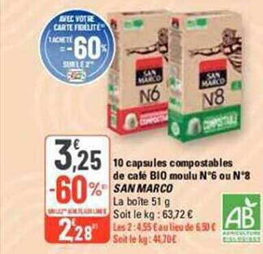 10 Capsules Compostables De Café Bio Moulu N°6 Ou N°8 San Marco