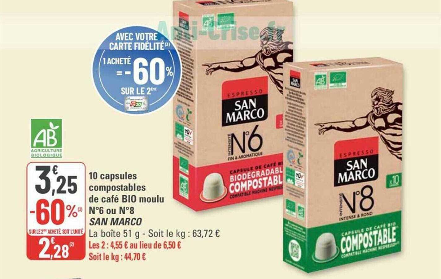 10 capsules compostables de café bio moulu n°6 ou n°8 san marco