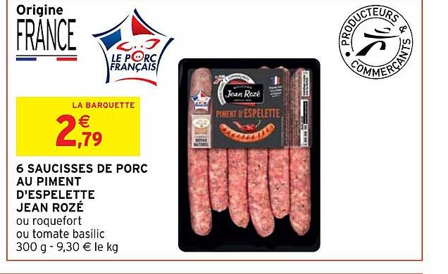 6 saucisses de porc au piment d'espelette jean rozé