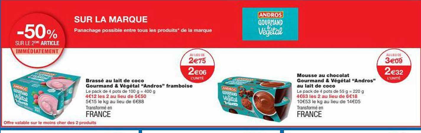 Brassé Au Lait De Coco Gourmand & Végétal "andros" Framboise, Mousse Au Chocolat Gourmand & Végétal "andros" Au Lait De Coco