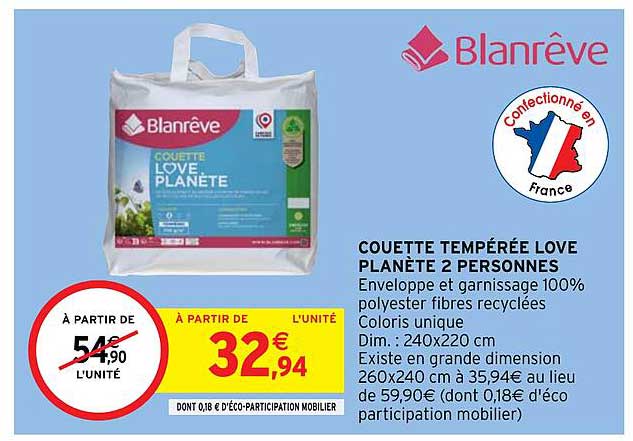 couette tempérée love planète 2 personnes blan rêve