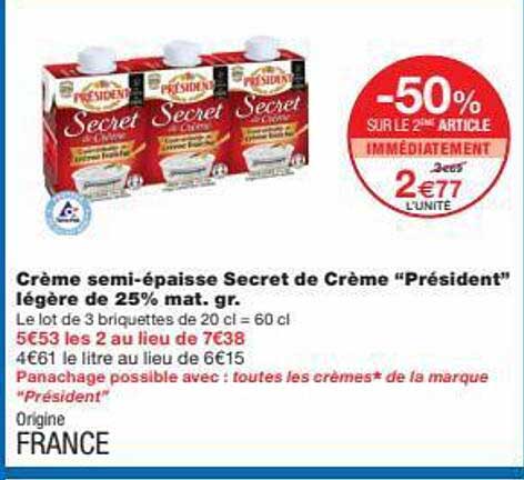 crème semi-épaisse secret de crème "président" légère de 25% mat.gr.