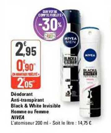 déodorant anti-transpirant black & white invisible homme ou femme nivea