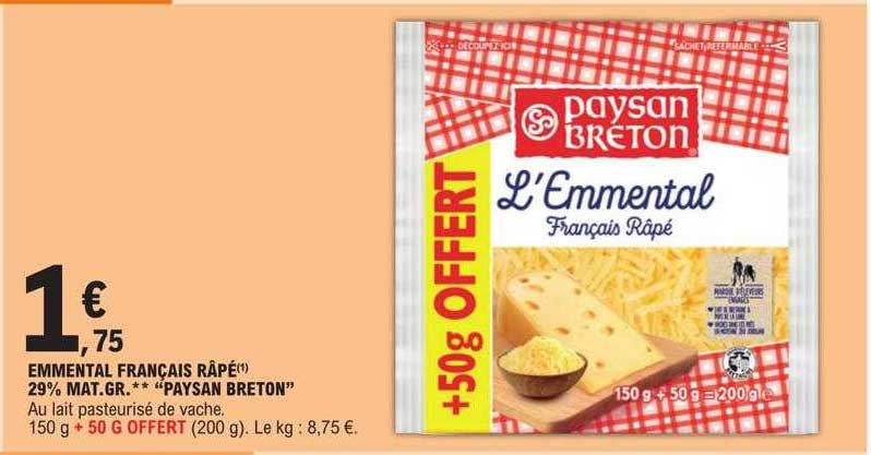 emmental français râpé 29% mat.gr. "paysan breton"