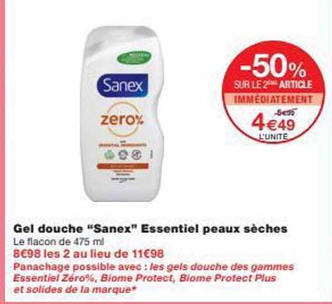 gel douche "sanex" essentiel peaux sèches