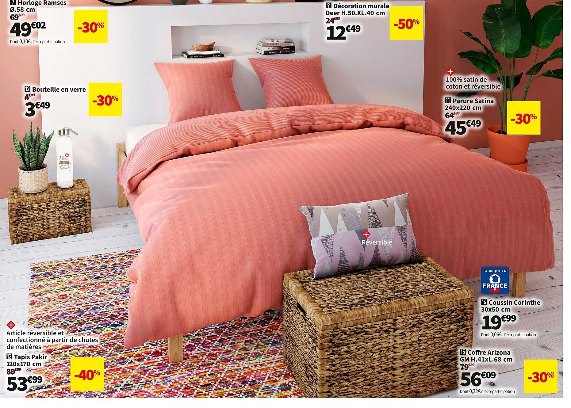 horloge ramses ø 58 cm, bouteille en verre, décoration murale deer h. 50 x l. 40 cm, parure satina 240 x 220 cm, coussin corinthe 30 x 50 cm, coffret arizona gm h. 41 x l. 68 cm, tapis pakir 120 x 170
