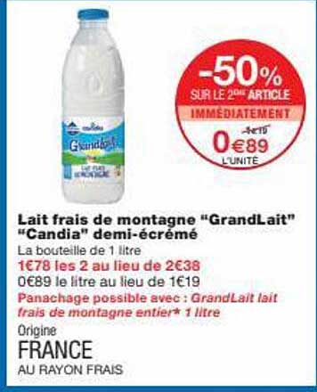 lait frais de montagne "grand lait" "candia" demi-écrémé