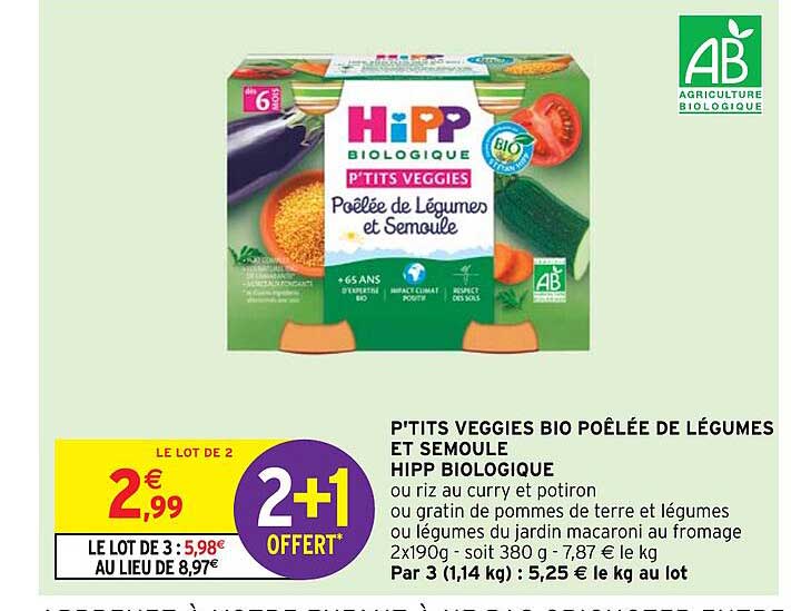p'tits veggies bio poêlée de légumes et semoule hipp biologique