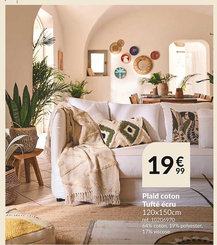 Plaid Coton Tufté écru