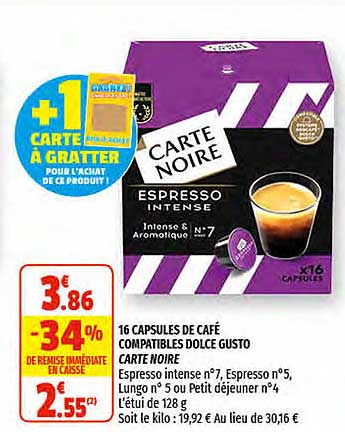 16 capsules de café compatibles dolce gusto carte noire