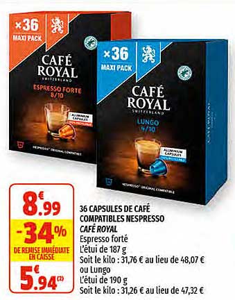 36 capsules de café compatibles nespresso café royal