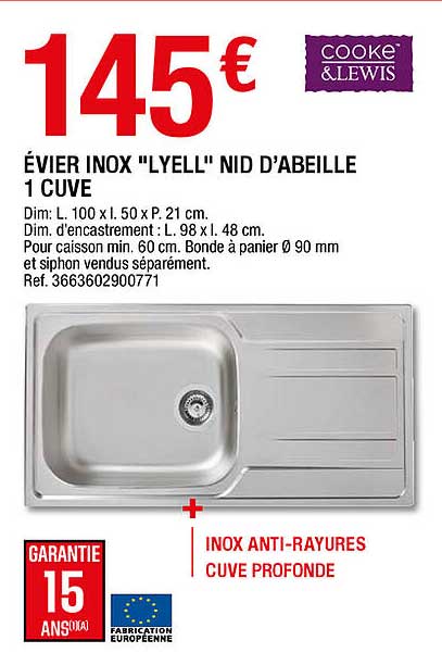 évier inox "lyell" nid d'abeille 1 cuve cooke & lewis