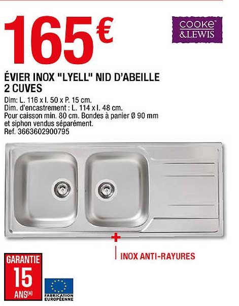 évier Inox "lyell" Nid D'abeille 2 Cuves Cooke & Lewis