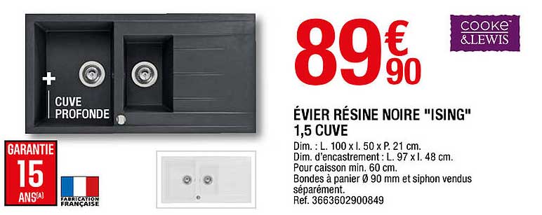 évier Résine Noire "ising" 1,5 Cuve Cooke & Lewis
